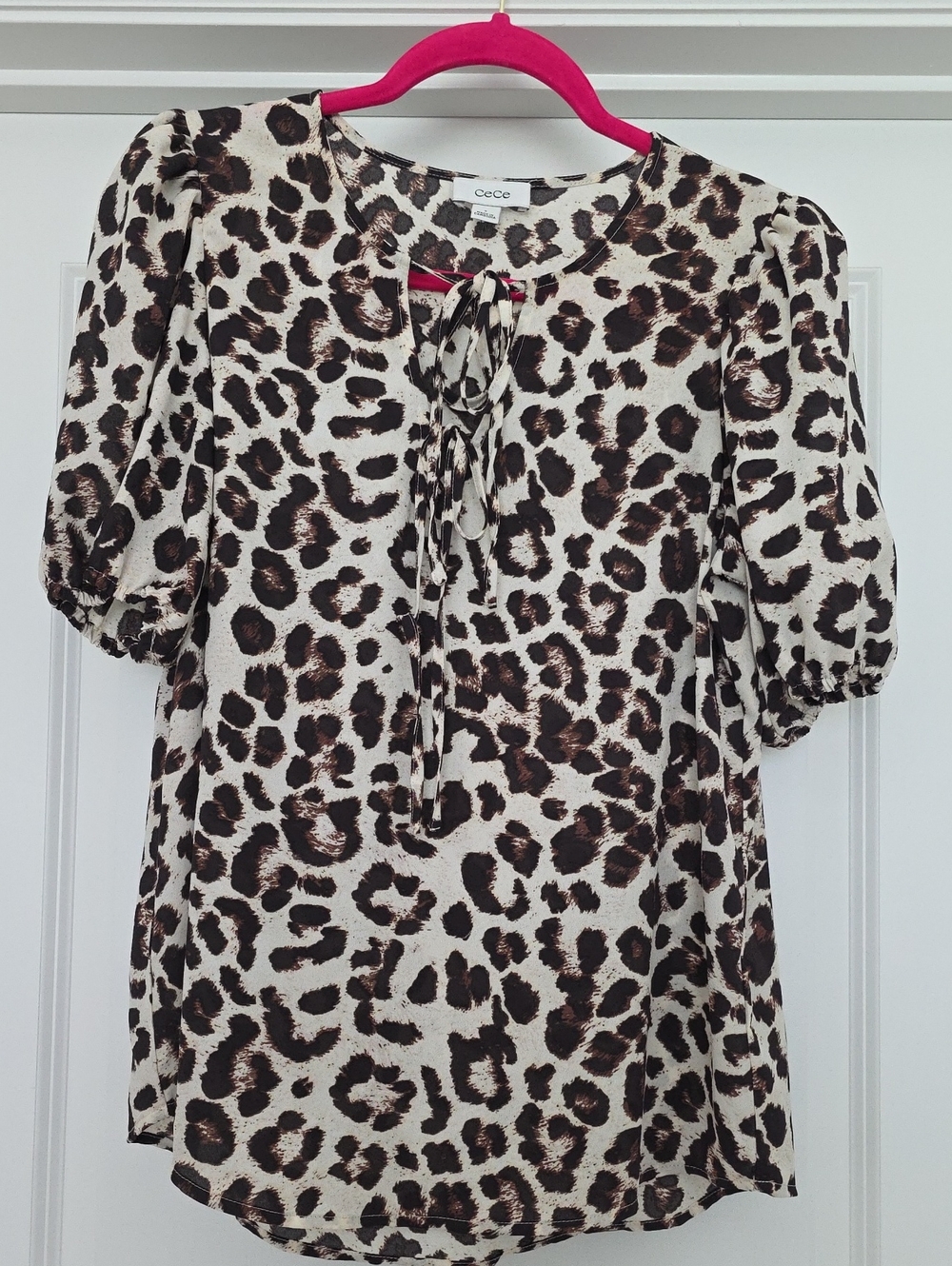 CeCe Leopard-Print Double Tie-Neck Top Short Puff Sleeves— Cream & Brown